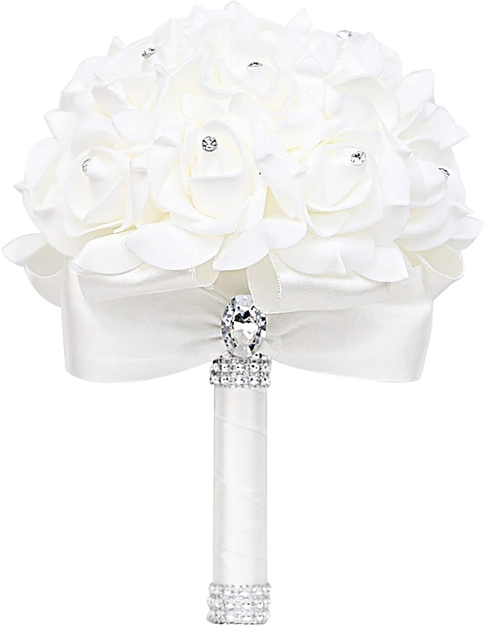 White Foam Rose Bridal Bouquet with Satin Ribbon Handle for Wedding & Party